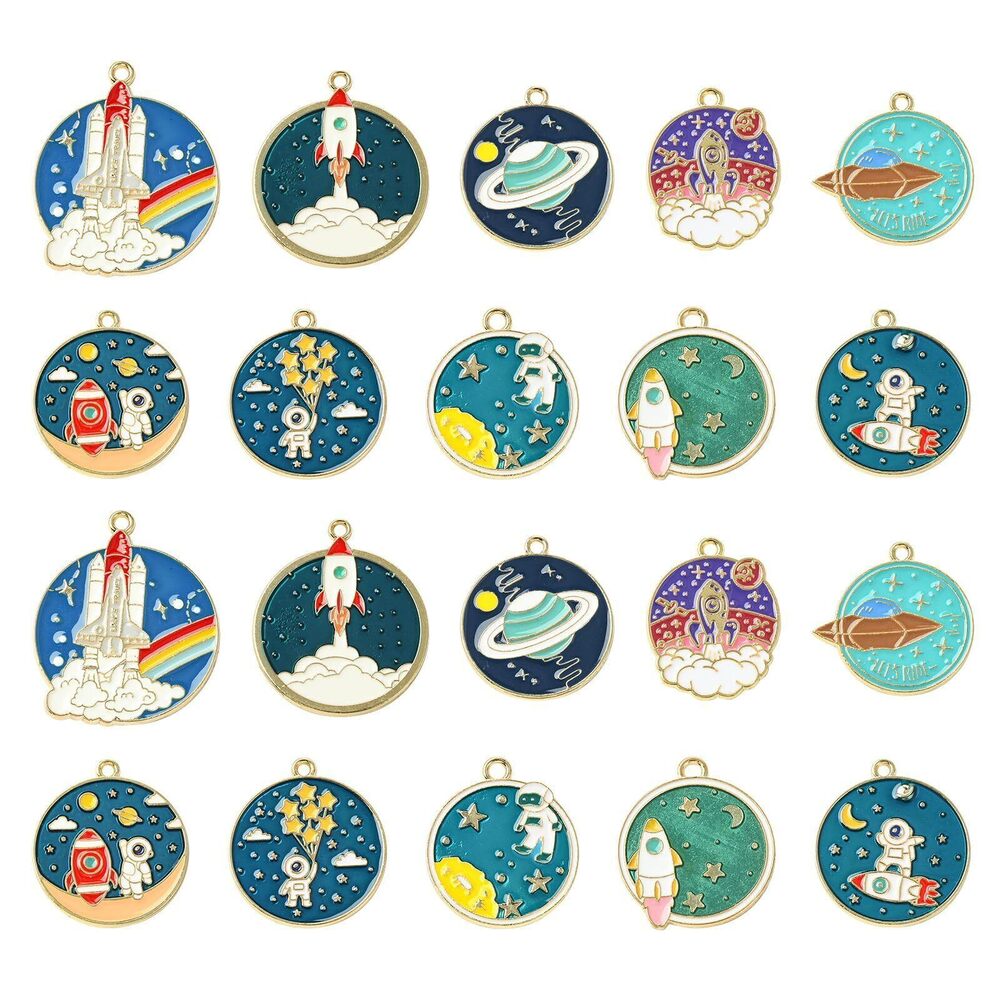 4896 40pcs Enamel Astronaut Charms - 10 Styles Spaceman Universe Flat Round